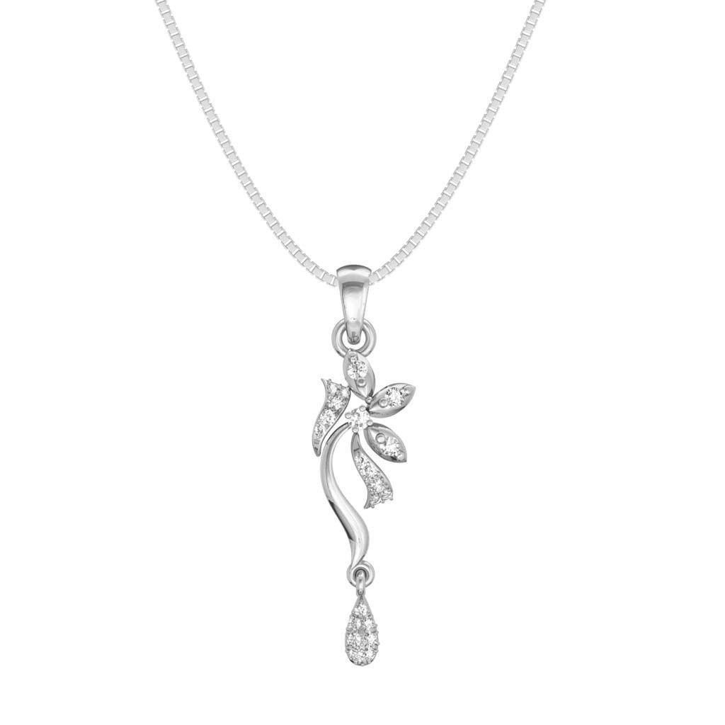 The Melina Diamond Pendant by Niraa features a floral design with leaf accents and sparkling stones, highlighted by a teardrop-shaped stone at the bottom, all on an elegant thin silver chain.