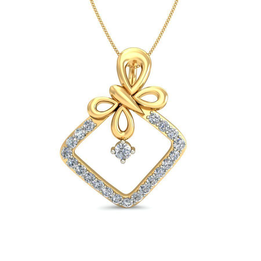 The Nala Diamond Pendant by Niraa features an intricate butterfly motif atop a gold base adorned with diamonds. A central, round diamond hangs elegantly in the square base, capturing light beautifully.