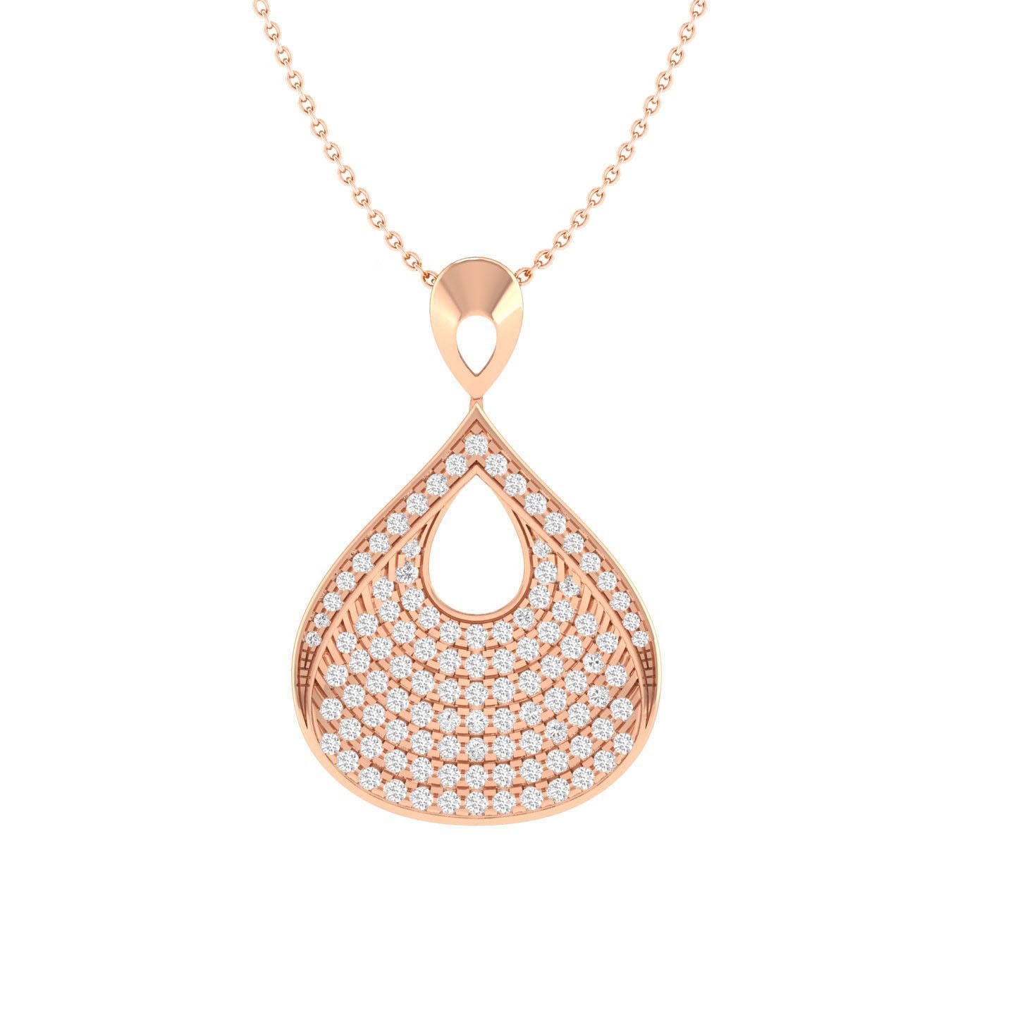 The Amani Diamond Pendant by Niraa features a rose gold teardrop shape with concentric layers of small diamonds, creating an elegantly sparkling pattern. Let me know if you need further assistance!.