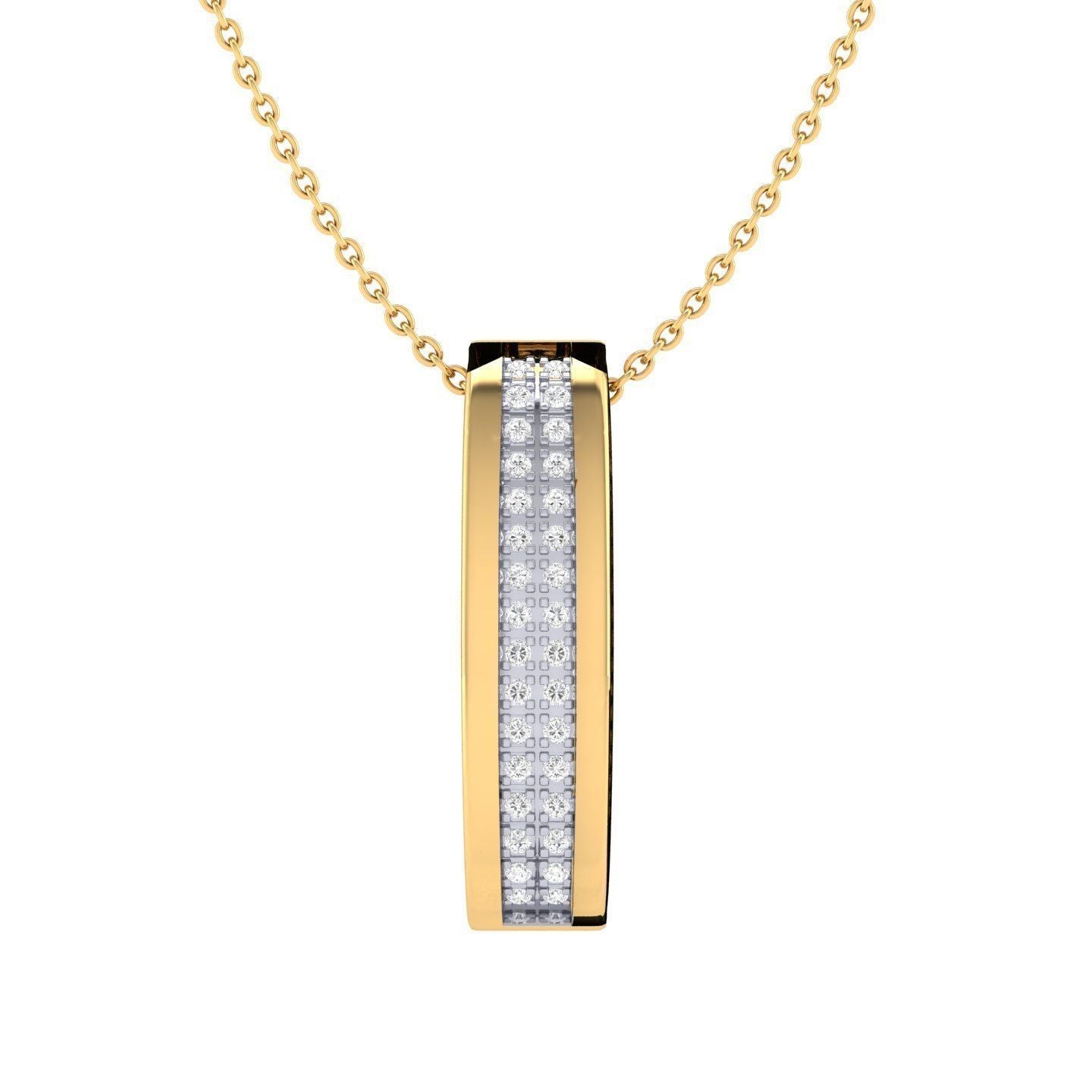 The Niraa Addyson Diamond Pendant showcases a modern design with a sleek gold necklace featuring a rectangular pendant adorned with a vertical row of small diamonds, elegantly hanging on a gold chain to exude sophistication and timeless charm.