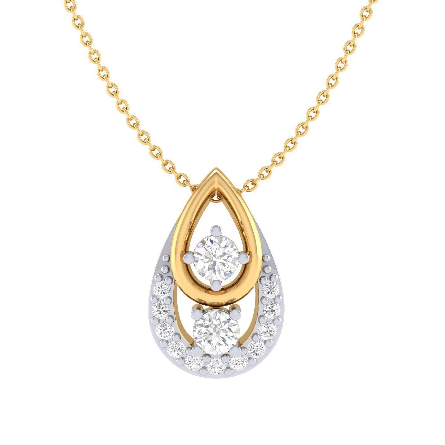 The Roselyn Diamond Pendant by Niraa is a stunning gold chain necklace with a teardrop-shaped pendant featuring two central diamonds surrounded by smaller ones in a mixed gold and silver setting, effortlessly enhancing any outfit with its timeless elegance.