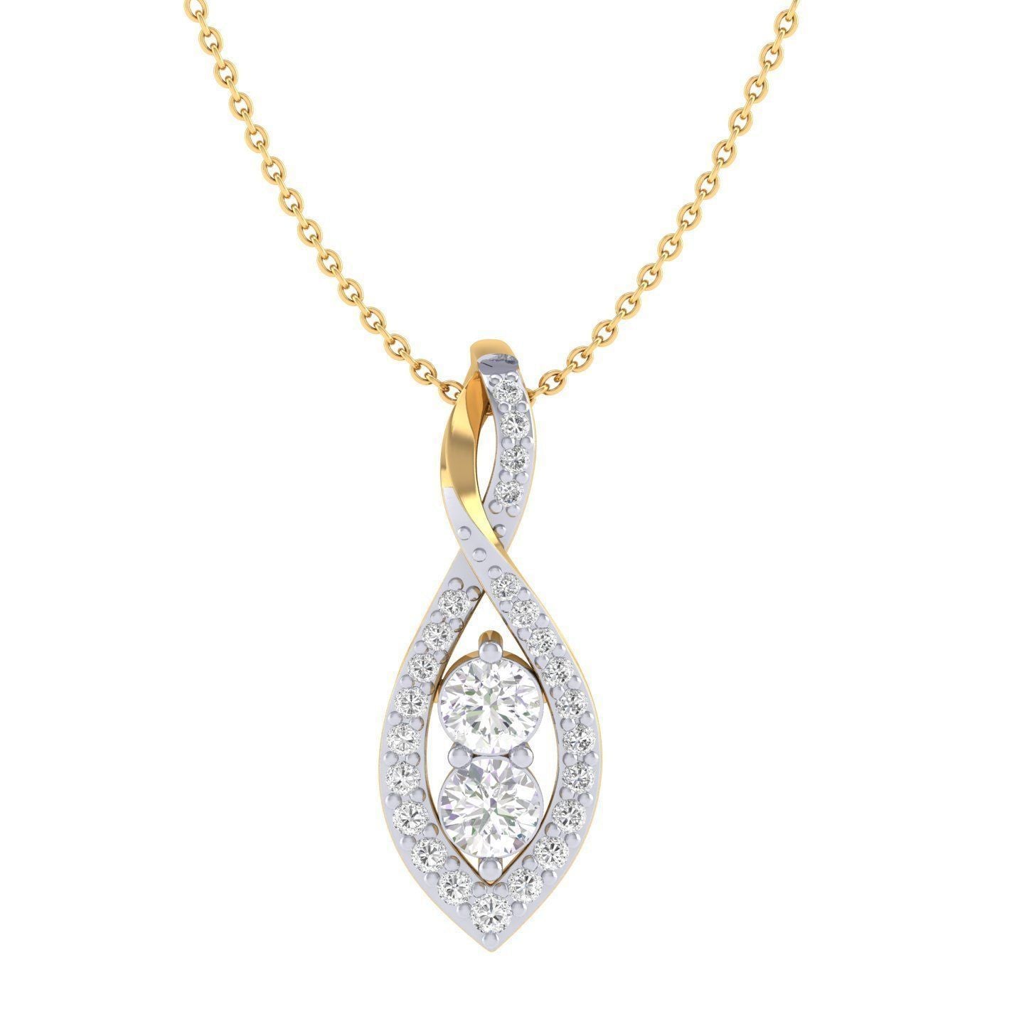 The Nola Diamond Pendant by Niraa is a gold chain necklace featuring a pendant with two central round diamonds, framed by smaller diamonds in a twisted leaf-shaped design. Perfectly blending gold and silver tones, this exquisite piece offers timeless luxury.