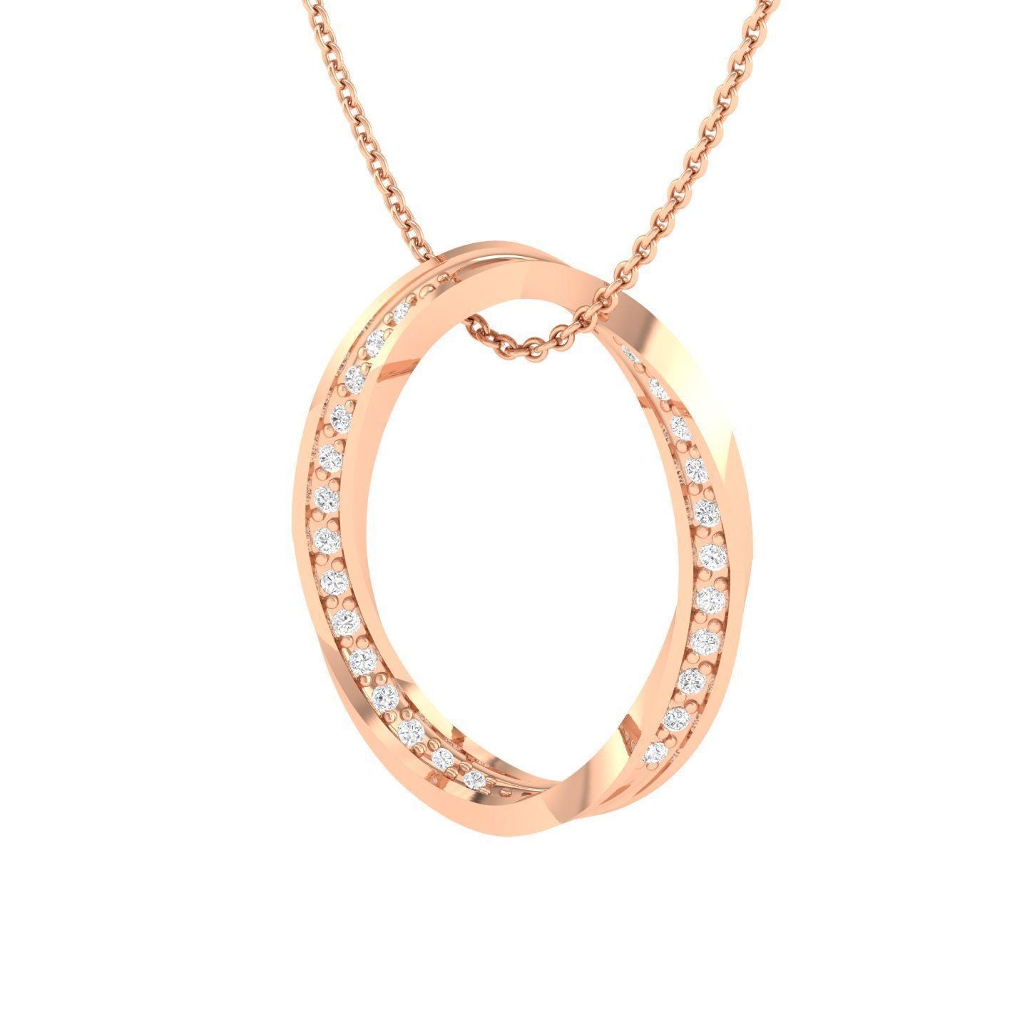 Niraas Ivory Diamond Pendant features a rose-gold necklace with an oval pendant, adorned with small sparkling stones along one edge, hanging from a delicate chain.