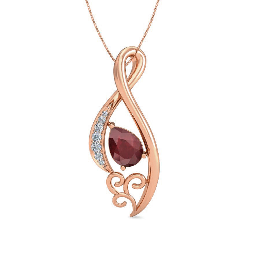 The Noa Diamond Pendant by Niraa highlights a teardrop red gemstone in rose gold, adorned with small white gems and graceful swirl accents, exuding timeless elegance.