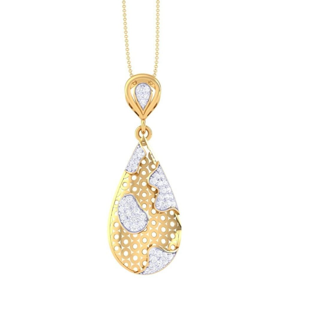 The Kyleigh Diamond Pendant by Niraa features a teardrop shape with intricate cut-out patterns and embedded white stones, hanging gracefully from a delicate chain, offering an exquisite blend of elegance and artistry.