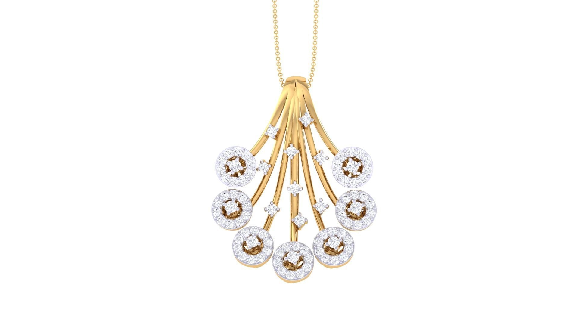 The Madilynn Diamond Pendant by Niraa features an elegant fan-shaped design with seven circles, each center adorned with a brown gem and surrounded by sparkling white stones, gracefully hanging on a delicate gold chain that radiates sophistication.