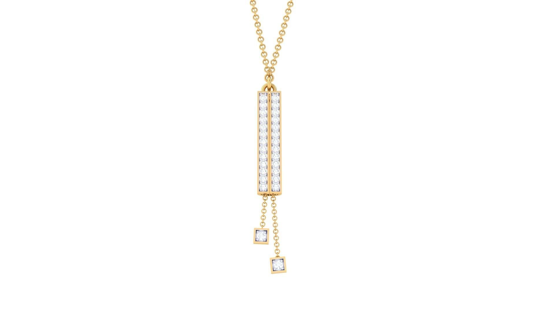 The Mae Diamond Pendant by Niraa is a stunning gold necklace featuring a vertical rectangular pendant with embedded diamonds. Two small diamonds dangle from it at varying lengths, each set in a gold square frame, creating an elegant masterpiece on a delicate gold chain.