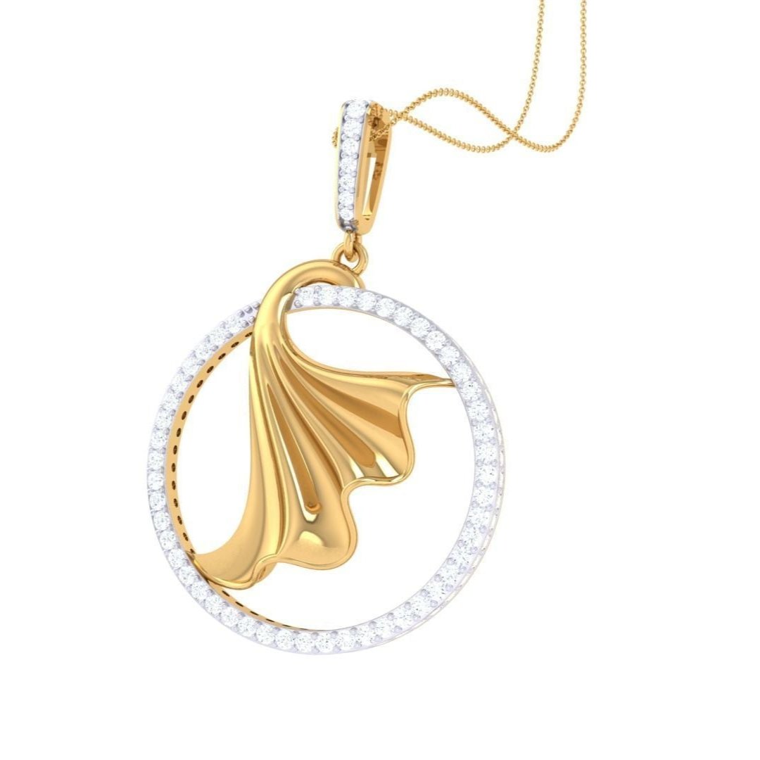 The Yara Diamond Pendant by Niraa captivates with its flowing abstract gold design set within a circular, diamond-encrusted frame and hangs elegantly from a delicate gold chain.