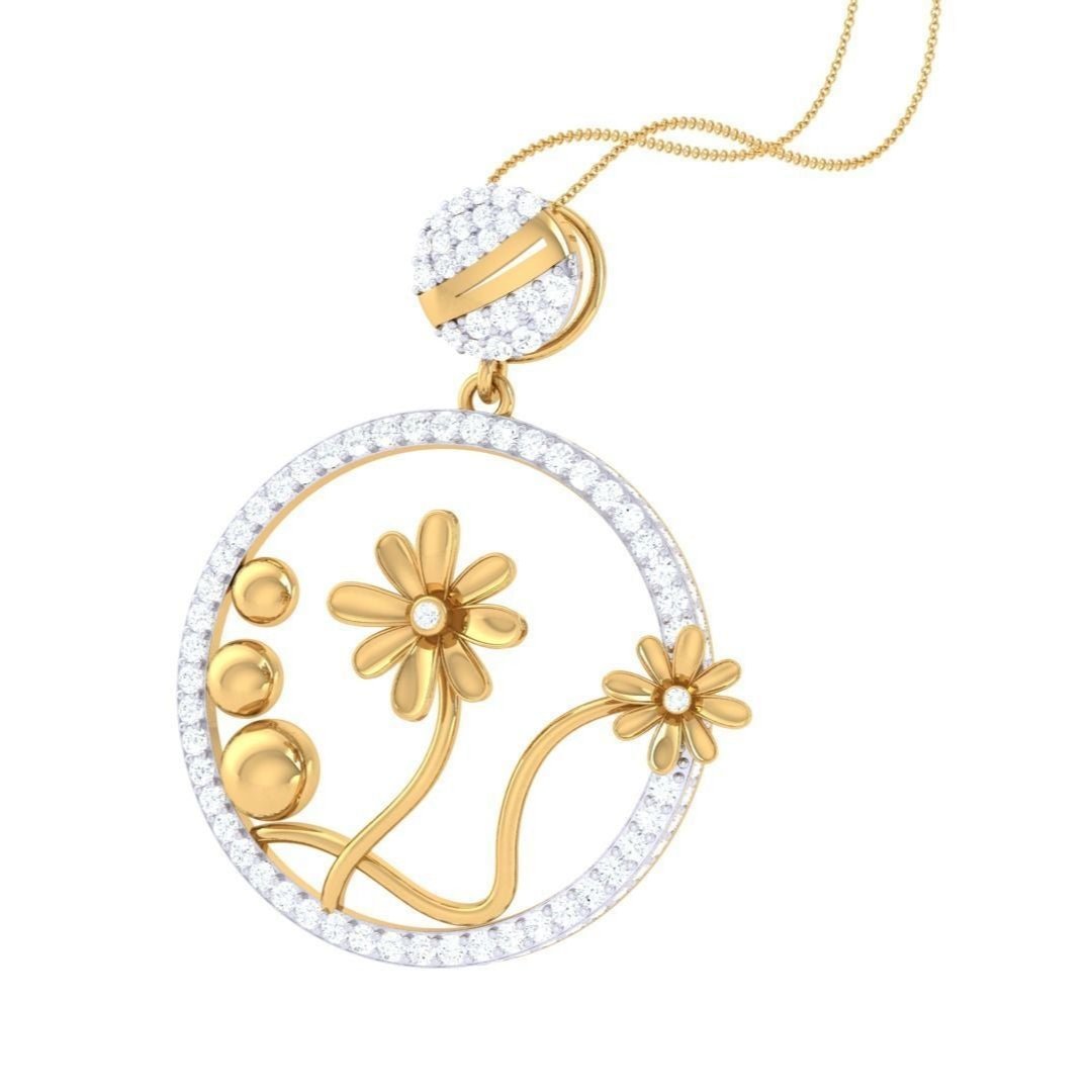 The Eileen Diamond Pendant by Niraa is a timeless treasure, featuring a circular gold frame adorned with shimmering diamonds. Inside are two elegant golden flowers with stems and two round gold beads. A diamond-studded bail connects the pendant to its delicate chain, perfect for any jewelry collection.