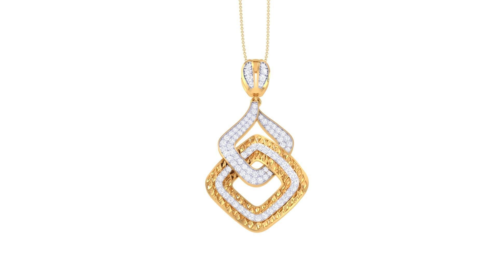 The Lea Diamond Pendant by Niraa features an interlocking square design with intricately shimmering gemstones. It hangs elegantly from a delicate chain, embodying sophistication and grace, perfect for any occasion.