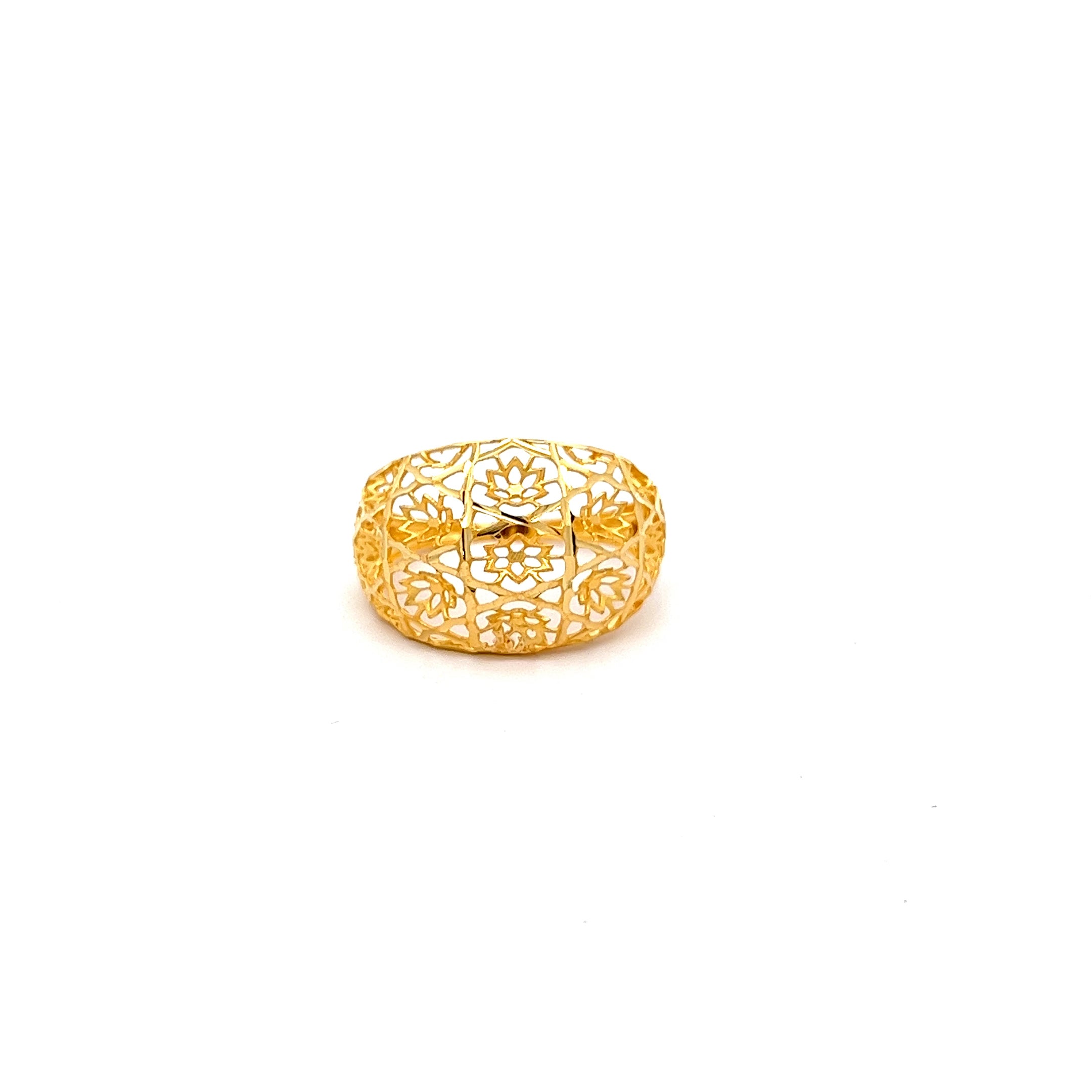 The Niraa Aramis Gold Ring is a luxurious accessory featuring an intricate floral cutout design on a white background, showcasing delicate and symmetrical flower motifs that highlight creative elegance and craftsmanship.