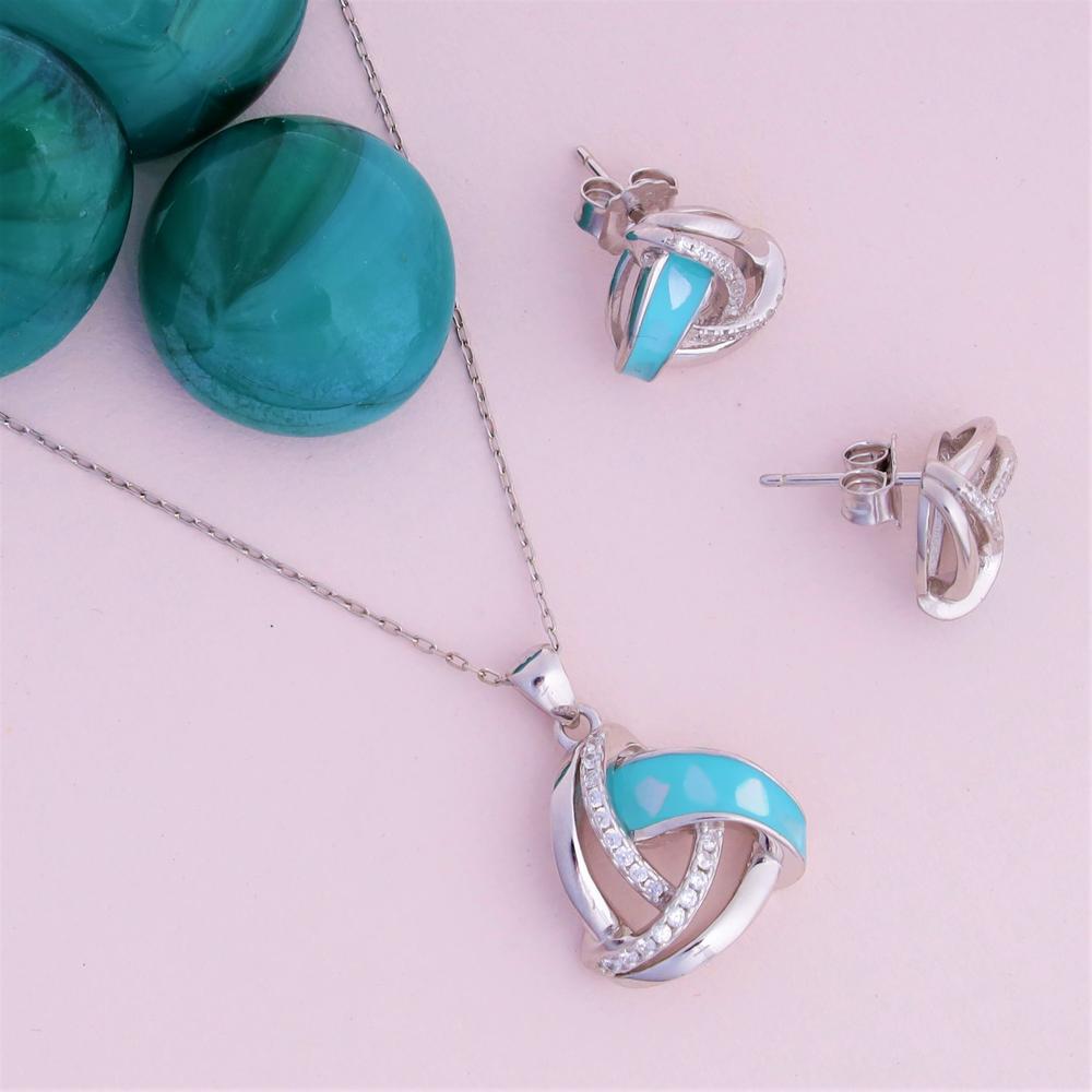 Blue Sea Studded Sail Enamel Pendant Set in 925 silver