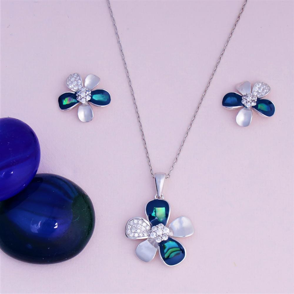 Bejewelled Blue Flower Enamel Pendant Set in 925 silver
