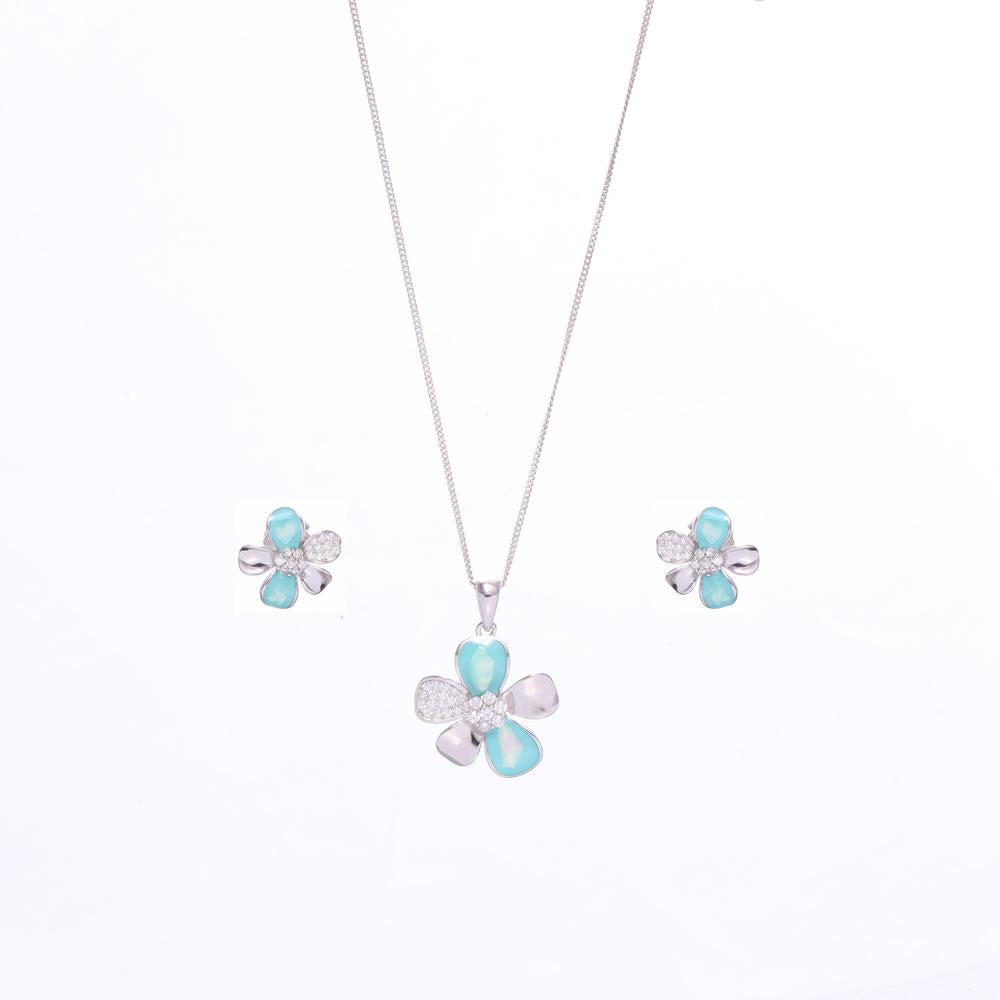 Bejewelled Sea Green Flower Enamel Pendant Set in 925 silver
