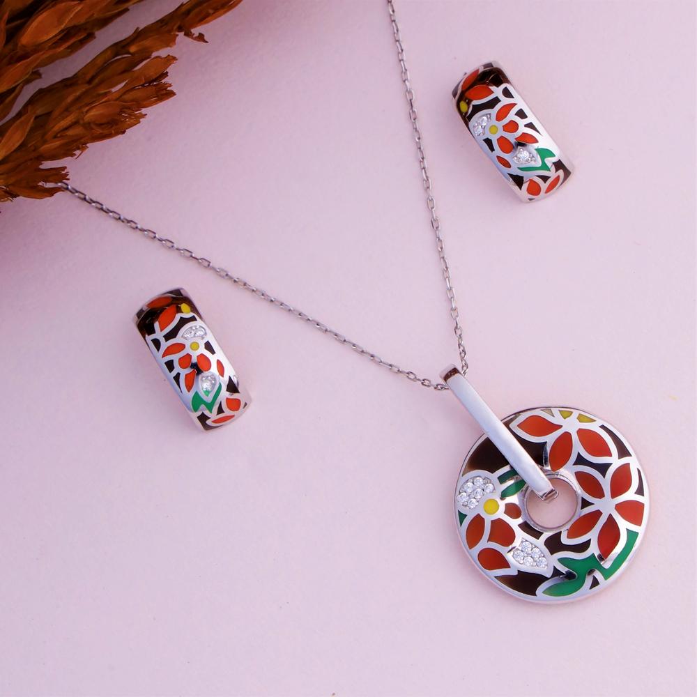Reversible Garden Floral Glory Enamel Pendant Set in 925 silver