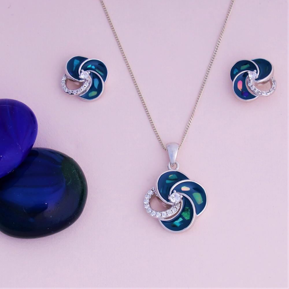 Bejewelled Blue 4 leaf Flower Enamel Pendant Set in 925 silver