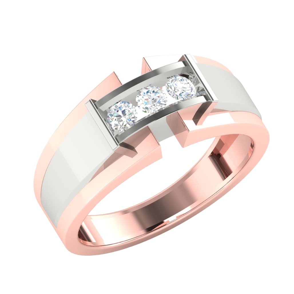 The Zora Diamond Mens Ring by Niraa is a rose gold and white piece, showcasing three sparkling diamonds in a modern design. Its geometric elements create a sleek, contemporary look while maintaining an SEO-friendly text description.