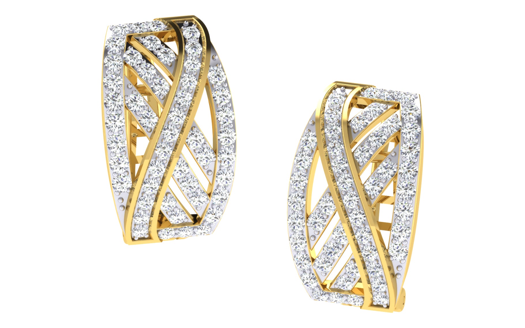 These luxurious gold earrings from Niraa feature an intricate openwork design with a crisscross pattern adorned with sparkling clear stones, reminiscent of the Mackenzie Diamond Earring.