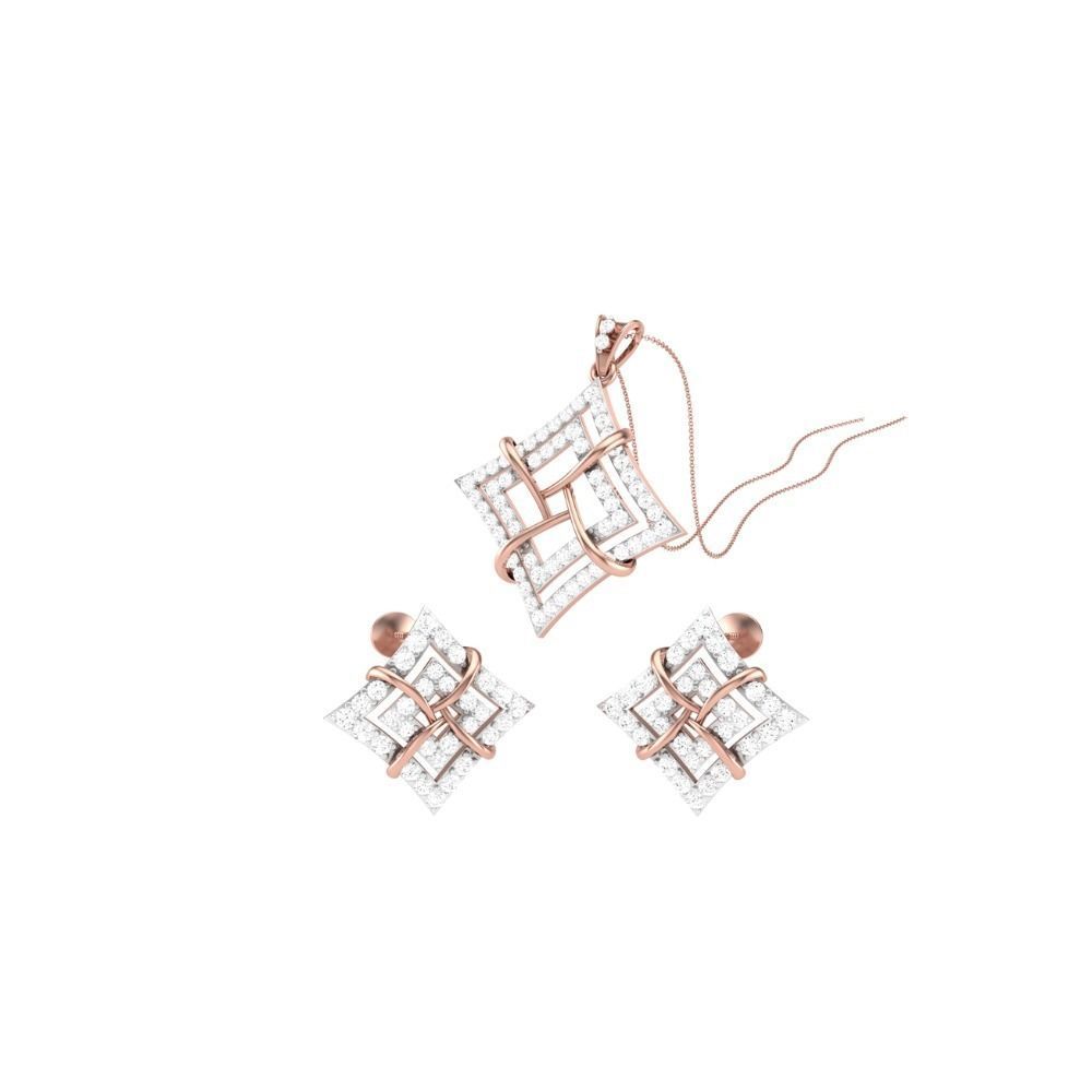 The Aurora Diamond Pendant Set by Niraa includes a geometric pendant and earrings with interlocking squares adorned with sparkling gems, set in rose gold. The pendant is on a thin chain.