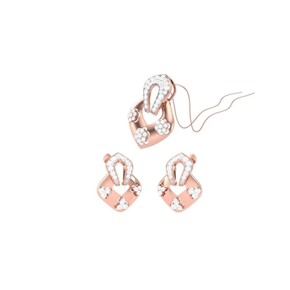 The Violet Diamond Pendant Set by Niraa includes a stunning rose gold teardrop pendant and earrings adorned with white stones and floral accents. It comes with an elegant chain, beautifully crafted to enhance any ensemble.