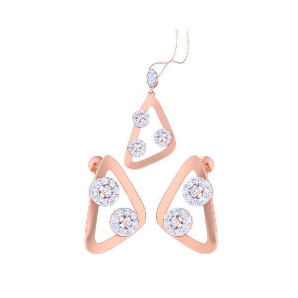 The Emily Diamond Pendant Set from Niraa includes a necklace and earrings with triangular rose gold frames and small circular, sparkling stones, offering a modern, elegant design.