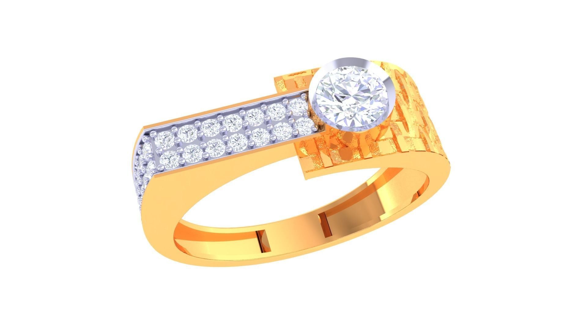 The Lorelai Diamond Mens Ring by Niraa features a unique off-center round diamond on a gold band, adorned with smaller diamonds on one side for an asymmetrical charm.