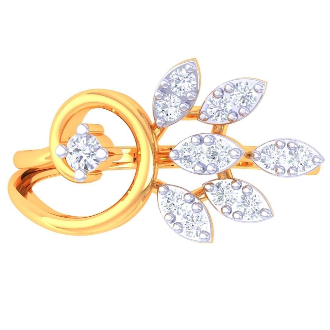 The Rosa Diamond Ladies Ring by Niraa is a luxury accessory featuring a spiral design with a central round diamond. Sleek leaves extend from the spiral, each adorned with small round diamonds, creating a floral or vine-like appearance that epitomizes exquisite craftsmanship.