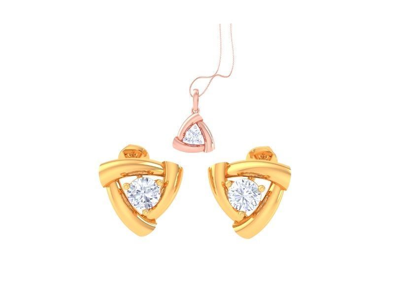 The Louisa Diamond Solitaire Pendant Set by Niraa showcases gold and rose gold triangular settings with round diamonds in a pendant and earring ensemble. This design blends luxurious elegance with modern style, featuring the pendant on a sleek chain.