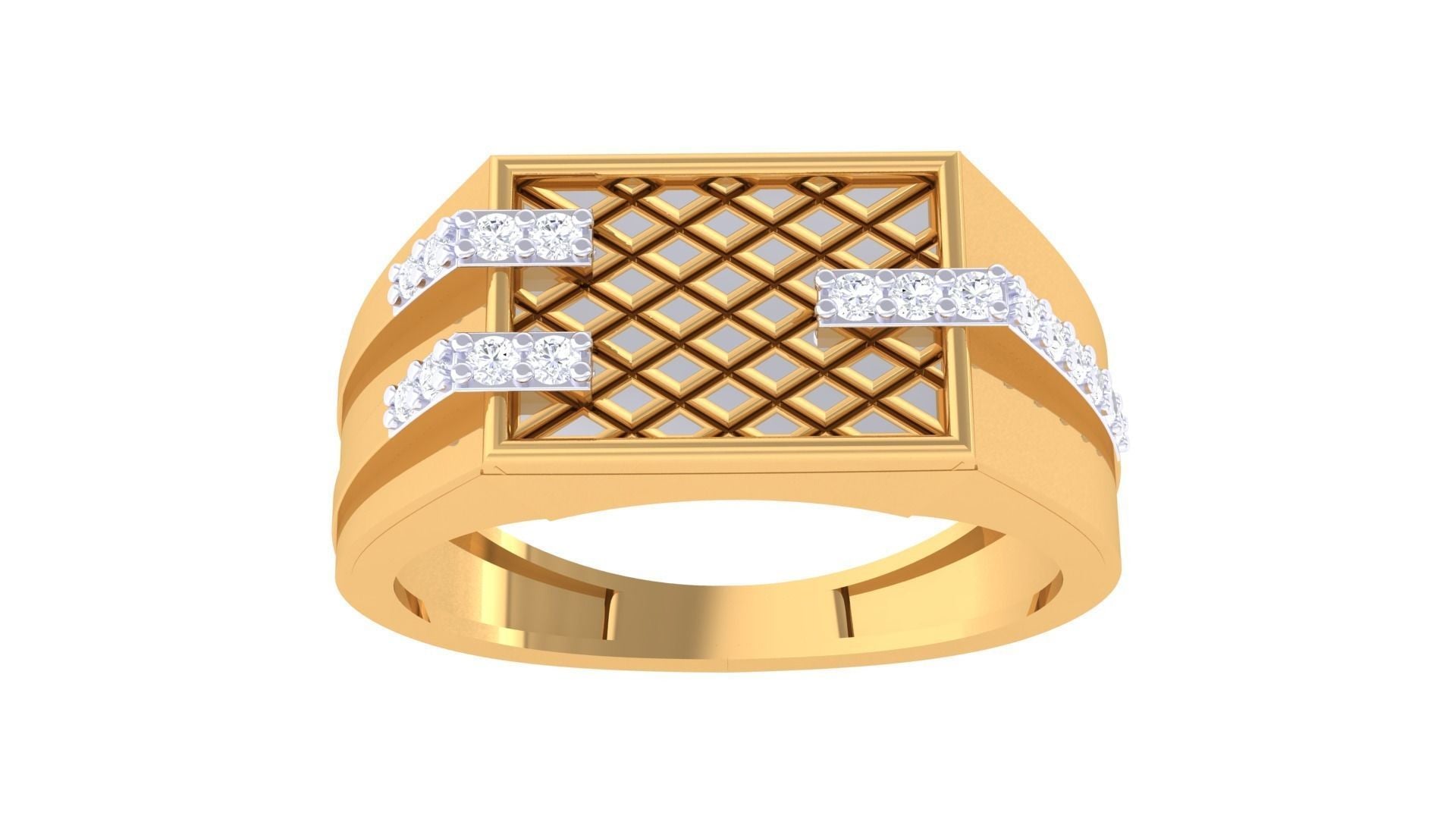 The Ivanna Diamond Mens Ring by Niraa features a wide gold band with a square, lattice-patterned top and zigzag rows of sparkling diamonds on each side. Unfortunately, no textual content is provided to identify essential SEO keywords.