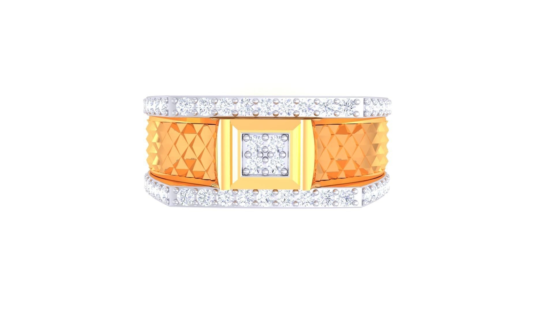 The Janessa Diamond Mens Ring by Niraa features a wide gold band with a textured diamond pattern. Its square centerpiece and elegantly bordered edges are adorned with tiny, sparkling diamonds, adding luxury to any ensemble.