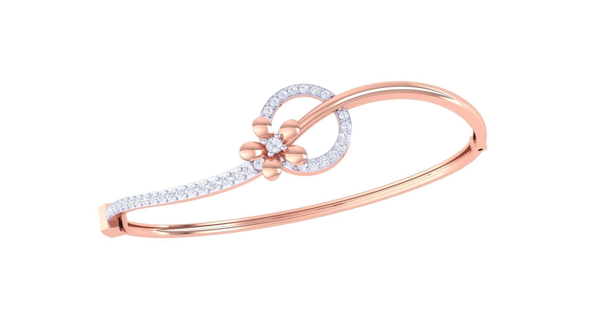 The Berkley Diamond Bracelet by Niraa features a rose gold finish with a floral accent and sparkling stones. Its elegant design, marked by flowing curves and intricate details, exudes sophisticated luxury for those who appreciate subtle elegance.