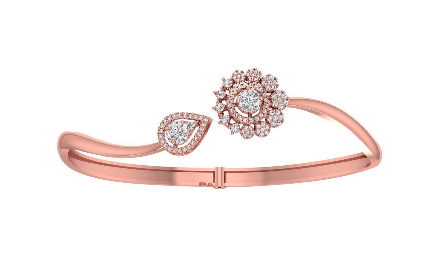 The Luella Diamond Bracelet from Niraa exudes elegance with its open design, featuring exquisite pear- and flower-shaped diamond clusters at each end. Adorned with smaller diamonds, it sparkles beautifully, while its sleek, polished finish enhances the luxurious allure of this piece.