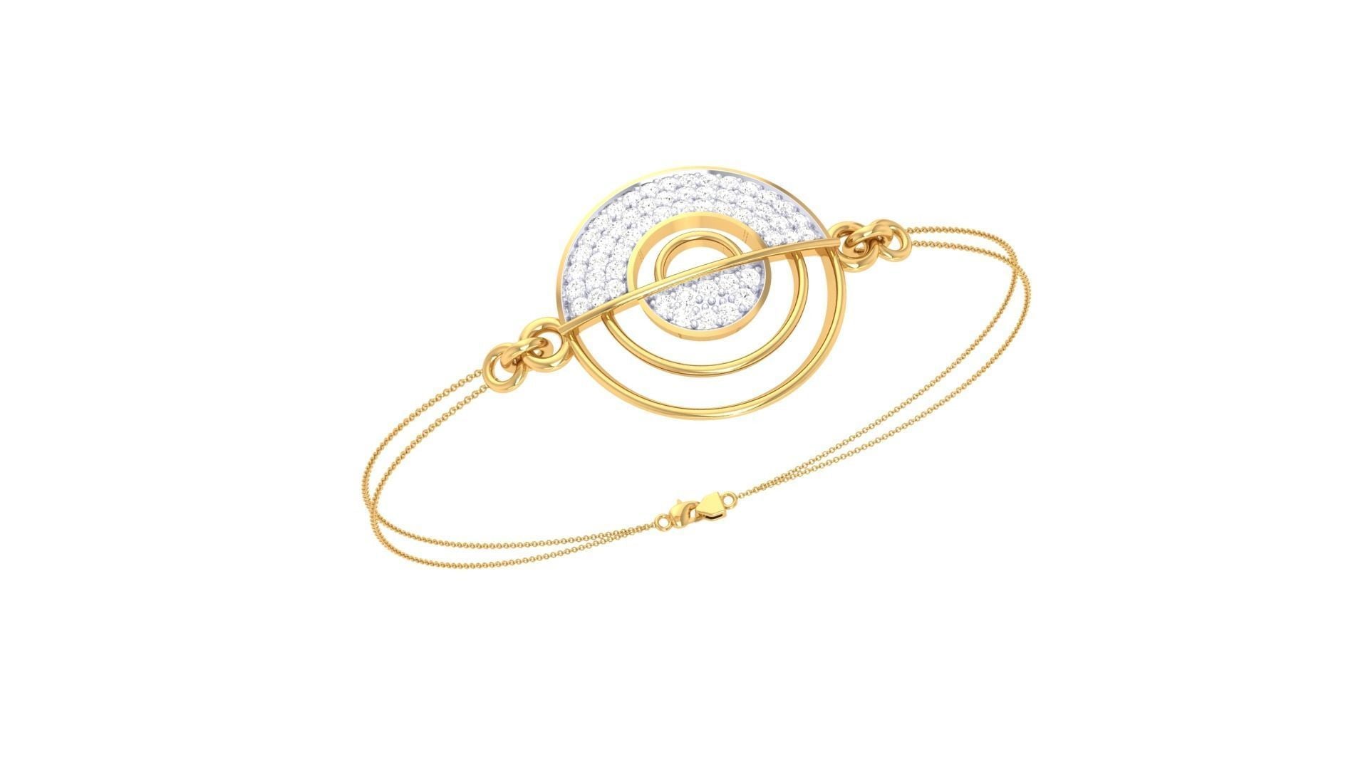 The Kaelyn Diamond Bracelet by Niraa is a sophisticated gold bracelet with a circular centerpiece featuring interlocking rings adorned with sparkling diamonds. It has an elegant chain design and a simple clasp, offering timeless style for any occasion.