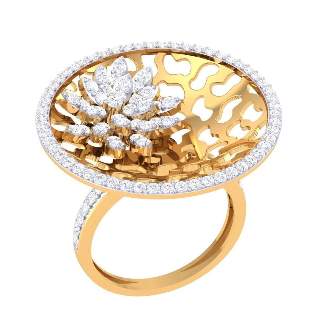 The Elizabeth Diamond Ladies Ring by Niraa is a luxury accessory featuring an intricate circular design with a central floral motif crafted from sparkling stones and surrounded by an openwork pattern with additional stones, epitomizing elegance for any ladys collection.