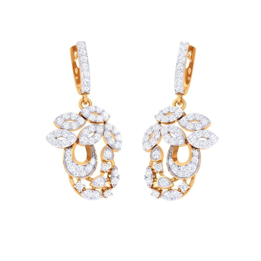 The Ivy Diamond Earring by Niraa features luxurious gold earrings with diamond-studded leaf shapes. These elegant pieces have overlapping leaves that form a sophisticated pattern, delicately hanging from a diamond-studded hoop.