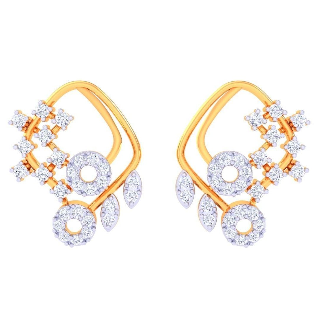 The Isla Diamond Earrings by Niraa feature intricate gold loops with circular and floral diamond accents, forming interlocking shapes for an elegant, symmetrical design. These stunning accessories embody sophistication and timeless beauty.
