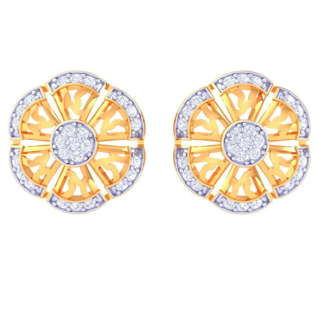 Niraas Alexa Diamond Earrings feature a detailed floral design with a round shape. The earrings boast a gold base embellished with circular patterns and dazzling white stones, combining the elegance of gold and diamonds throughout.