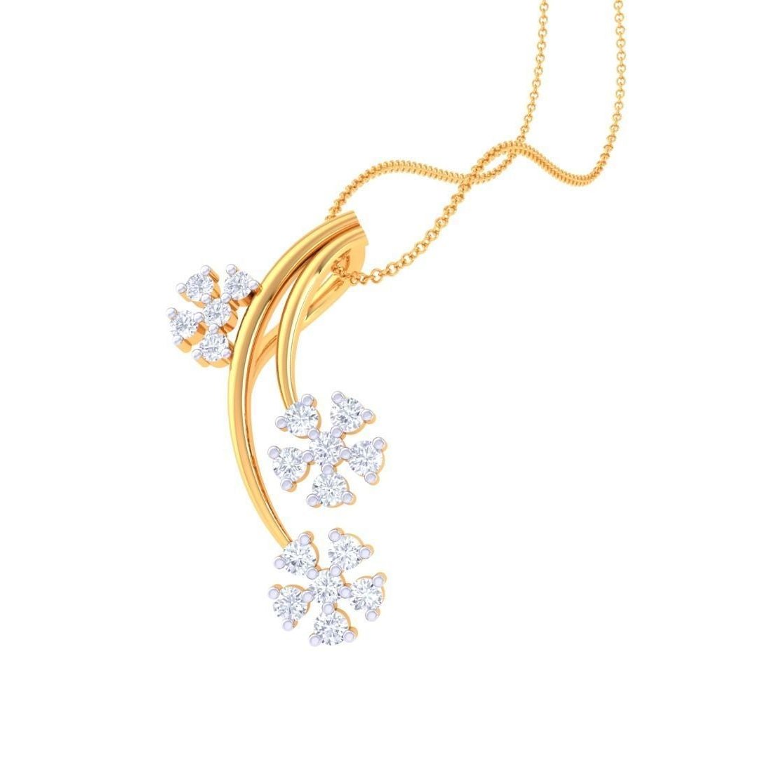 The Janiyah Diamond Pendant by Niraa features three floral designs made from tiny sparkling stones, each connected by a smooth curved stem and suspended elegantly on a fine gold chain.