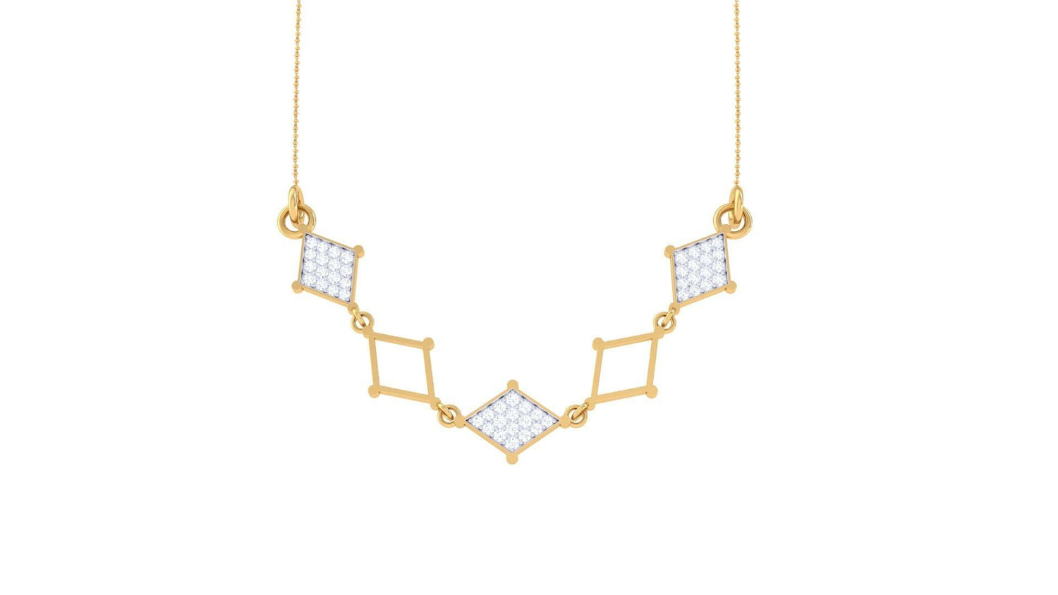 The Niraa Stevie Diamond Pendant is a gold necklace showcasing a geometric pattern with five diamond-accented squares linked at angles, connected by small gold chain links.