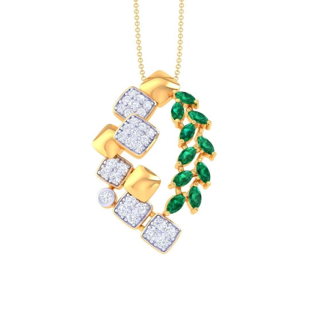The Henley Diamond Pendant by Niraa features a luxurious gold chain with five sparkling gold squares on the left, adorned with clear gems. On the right, green marquise-shaped gems are arranged like leaves, creating a harmonious blend of elegance and nature-inspired beauty.