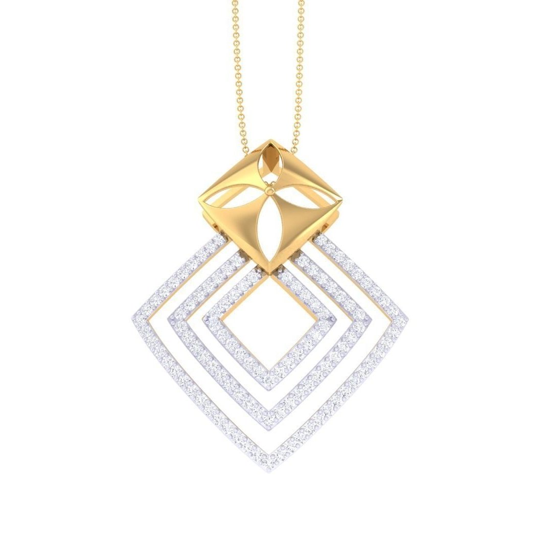 The Romina Diamond Pendant by Niraa is a gold necklace featuring an intricate geometric pendant with a gold square top, four cut-out petals, and three overlapping diamond-shaped frames with silver accents. Experience timeless elegance and artistry in one unique piece.