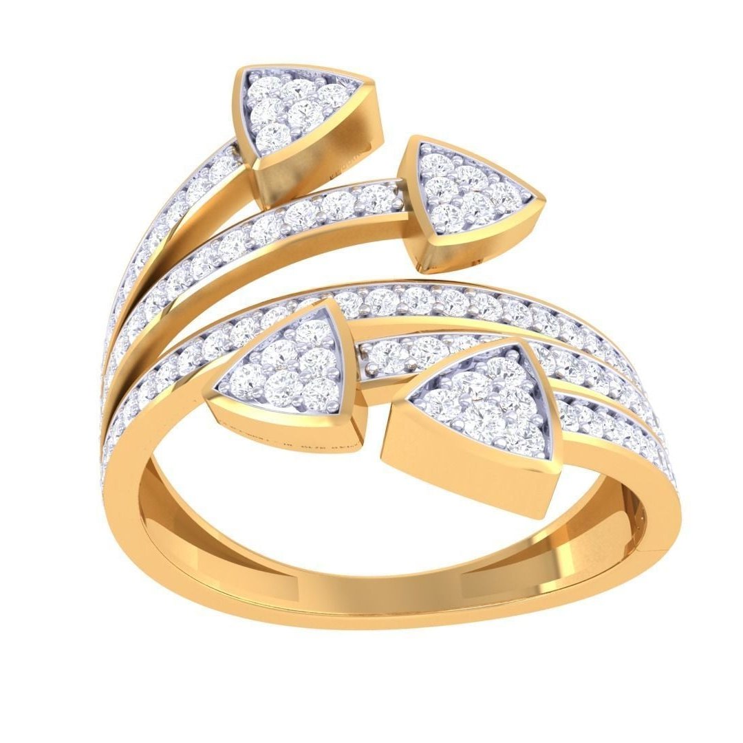 The Antoinette Diamond Ladies Ring by Niraa is a luxurious gold piece with a modern design featuring three arrow-shaped accents, each adorned with sparkling diamonds on their curves and tips, exuding elegance.
